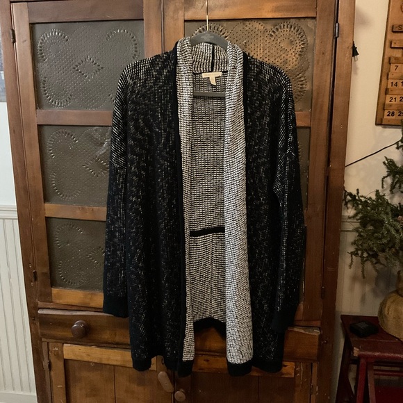 Eileen Fisher Black White Open Front Cardigan M - Picture 2 of 7